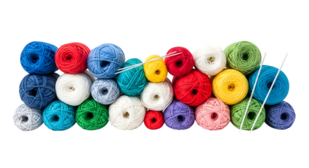 Colorful yarn balls with knitting needles isolated on transparent background, representing craft, hobby, textile, and creative handmade projects