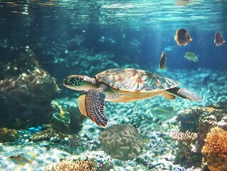 Sea turtle swimming through clear ocean water surrounded by coral reefs and colorful fish, with sunlight filtering through, capturing vibrant marine life and natural beauty.