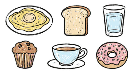 Breakfast food and drink items illustration.