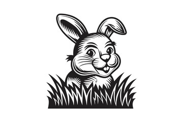 Rabbit Head Smiling Above Grass with White Background