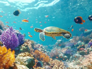 Fototapeta premium Sea turtle swimming through clear ocean water surrounded by coral reefs and colorful fish, with sunlight filtering through, capturing vibrant marine life and natural beauty.