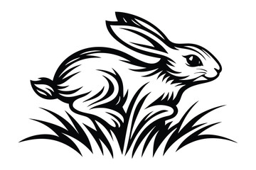 Rabbit Running in Grass on White Background, Outline Cartoon