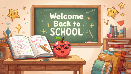 Back-to-school concept with a chalkboard and copy space, featuring school supplies and educational elements, highlighting learning, creativity, and classroom organization in a clean, academic setting