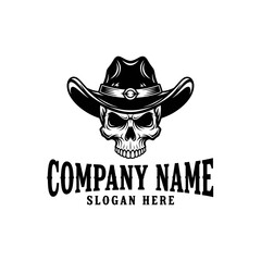 Black and white illustration of a menacing skull wearing a classic cowboy hat, designed as a versatile company logo template.