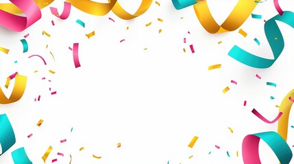 Colorful confetti in yellow, pink, and teal with vibrant streamers on white background, festive vector illustration design perfect for celebration or party banner decoration concept.