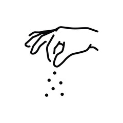 Sprinkling hand gesture icon. Simple outline style. Condiment, salt, sugar, spice, seasoning, pinch, pick, chef, sprinkle, pepper, food concept. Thin line symbol. Isolated design.
