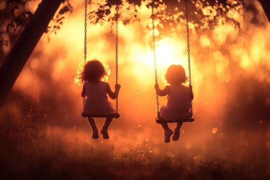 Two silhouetted girls swing at sunset, creating a magical and heartwarming scene. - Powered by Adobe