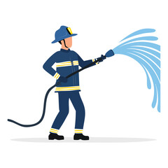 Fototapeta premium Firefighter in uniform spraying water from a hose, extinguishing a fire.