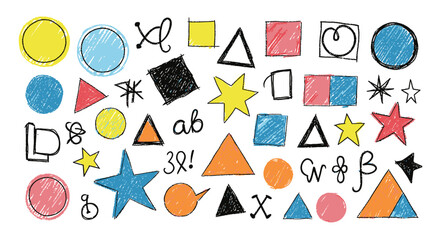 Collection of various hand-drawn shapes and symbols in vibrant colors.