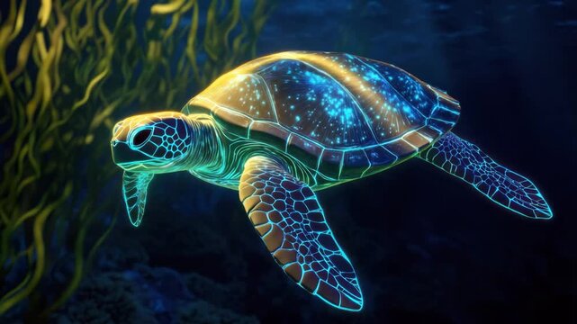 A luminous sea turtle swims through a vibrant underwater scene, highlighted by glowing lines and patterns.