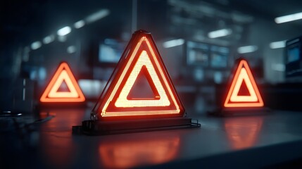 Illuminated warning signs arranged on a table in a dimly lit office setting, creating a sense of alertness and caution.