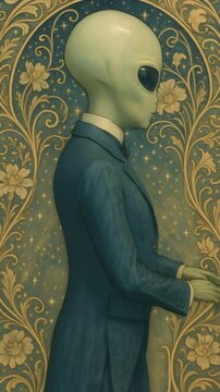 A surreal, vintage-style portrait of an alien in a suit, shot from a straight-on angle. Ideal for a whimsical video backdrop or sci-fi theme. Live mobile wallpaper.
