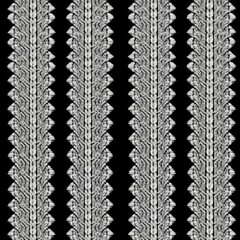 A black and white ornate seamless ornamental pattern featuring intricate symmetrical floral scrolling and latticework in