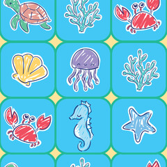 Hand Drawn Print Summer Sea Theme with Turtle Crab Seahorse coral seamless pattern vector Kids print