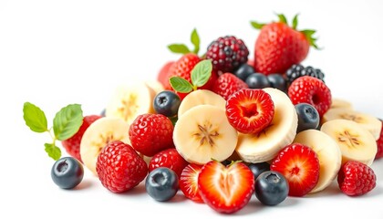 Obraz premium Vibrant mix of fresh berries and banana slices on white background, purple, red