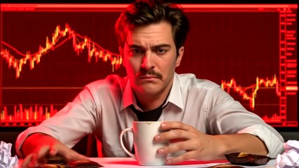 A stressed businessman in a white shirt sips coffee while analyzing fluctuating stock market graphs - Powered by Adobe