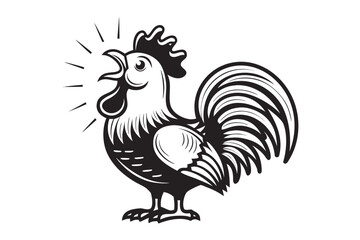 Roaring Rooster Silhouette Detailed Crest, Open Beak on White Background