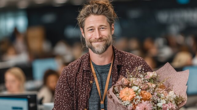Smiling employee holding a bouquet of flowers in a lively office setting