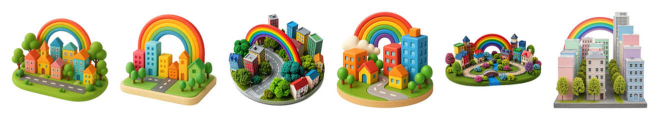 Fototapeta premium Miniature city landscape set including diverse architectural styles with rainbows isolated. Ideal urban and community concepts.