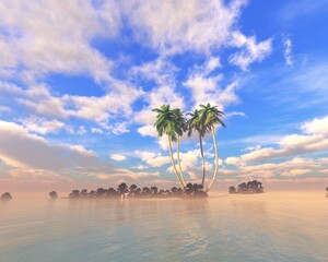 Oasis at sunset in a sandy desert, a panorama of the desert with palm trees, 3d rendering