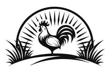 Rooster Silhouette Crowing in Style with Grass and Sun Rays on White © Lovely