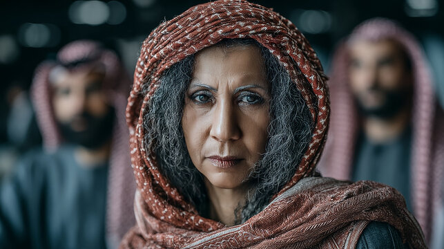 Traditional Middle Eastern Woman Standing Confidently With Men in Background