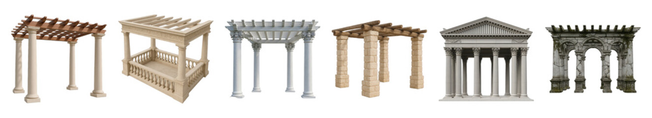 Pergola and gazebo set including classical columns, rustic wood, stone arches, and temple facade isolated. Ancient and modern architectural collection.