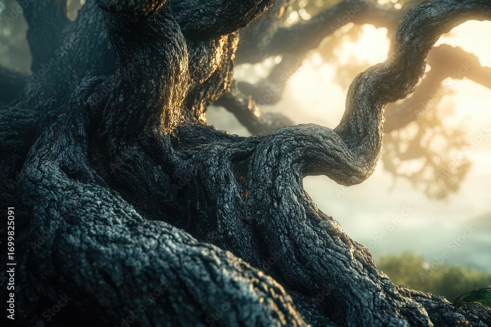 Poster ancient tree trunk with gnarled branches, bathed in the soft morning light, creating a mystical atmo