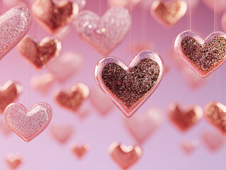 Fototapeta premium Sparkling pink heart glitter heart hanging ornament pastel background romantic decoration glossy heart glitter texture valentine decoration pink ornament heart shape festive ornament love symbol