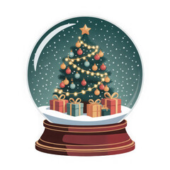  a festive christmas snow globe with a decorated tree and gifts isolated on transparent background.