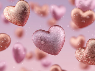 Obraz premium Pink glitter heart floating rose gold heart glitter texture romantic bokeh pastel background valentine decoration
