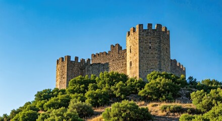 Ancient stone castle on hilltop, clear blue sky