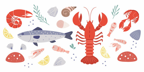 Delightful flat illustration of fresh seafood and ocean elements including fish lobster shrimp shells and lemon slices