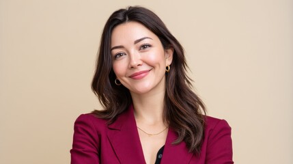 Obraz premium Smiling Kazakh businesswoman wearing professional attire in front of plain background
