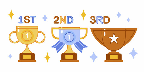First second and third place trophies with stars and ribbons celebrating achievement