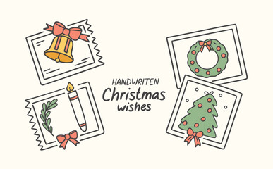 A charming holiday illustration featuring multiple outlined frames with bells, candles, wreaths, and decorated trees tied together with handwritten Christmas wishes
