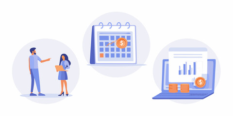 Business team planning financial strategy with calendar laptop charts and coins