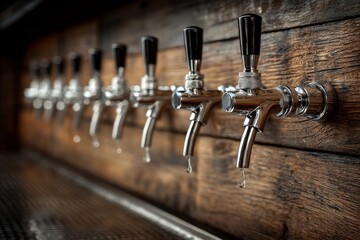 Row of chrome beer taps with dark handles on a rustic wooden wall at a brewery or pub