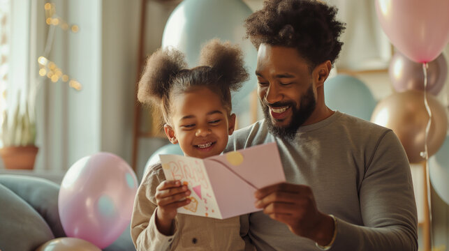 Father and daughter reading birthday card with balloons - Powered by Adobe