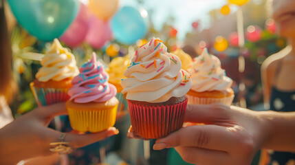 Colorful cupcakes held up at outdoor party with balloons
