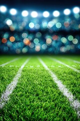 Naklejka premium Illuminated football field under bright stadium lights at night