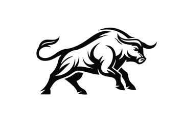 Rushing Bull Leaping Over Fence Silhouette on White Background