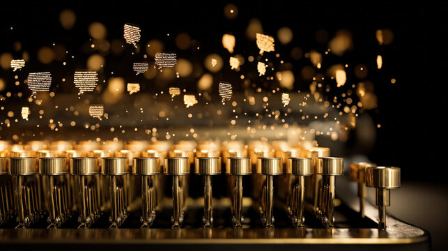typewriter keys disintegrating into text bubbles on holographic display retro to modern communication illustration concept scene visual for commercial design use high detail quality stock image
