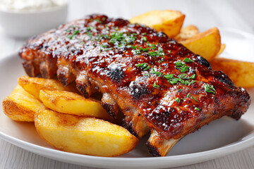 Ribs Bbq Ceramic Served Wedges Potato White With Pla