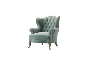 Fototapeta premium Luxurious teal velvet wingback armchair with tufted detailing and ornate legs. This 3D render showcases exquisite craftsmanship and classic design, perfect for upscale interiors..png