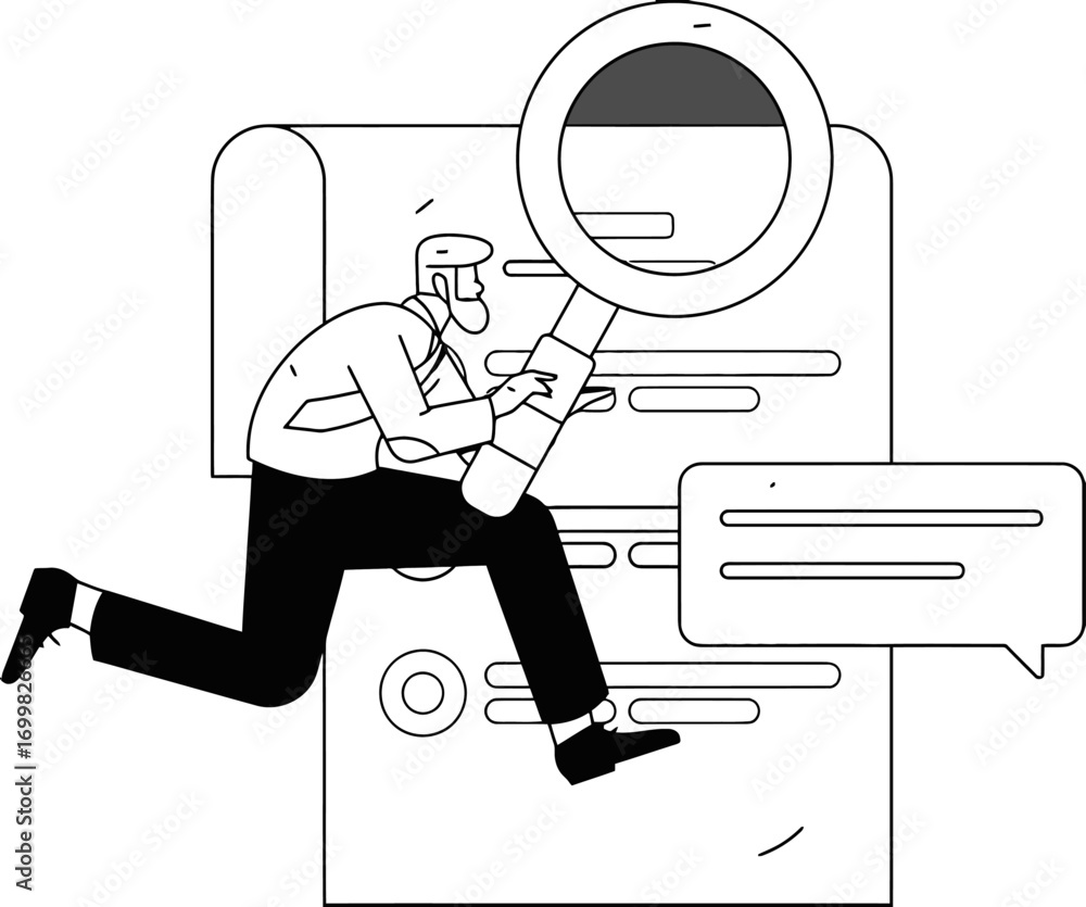 Poster man search data analysis research information document magnifying glass investigation analytics opti