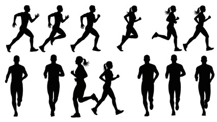 Running Man and Woman Silhouettes – Vector Set of Male and Female Runners