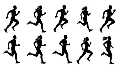 Running Man and Woman Silhouettes – Vector Set of Male and Female Runners