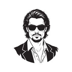 Stylish man with long hair, beard, and sunglasses. Black and white vector line art portrait. Cool and confident male character illustration.
