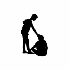 Teenager comforting sad friend silhouette isolated on white background